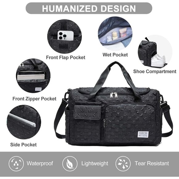 Women Black Checkered Small Gym Carry On Weekender Travel Shoe Compartment Bag - Picture 5 of 7